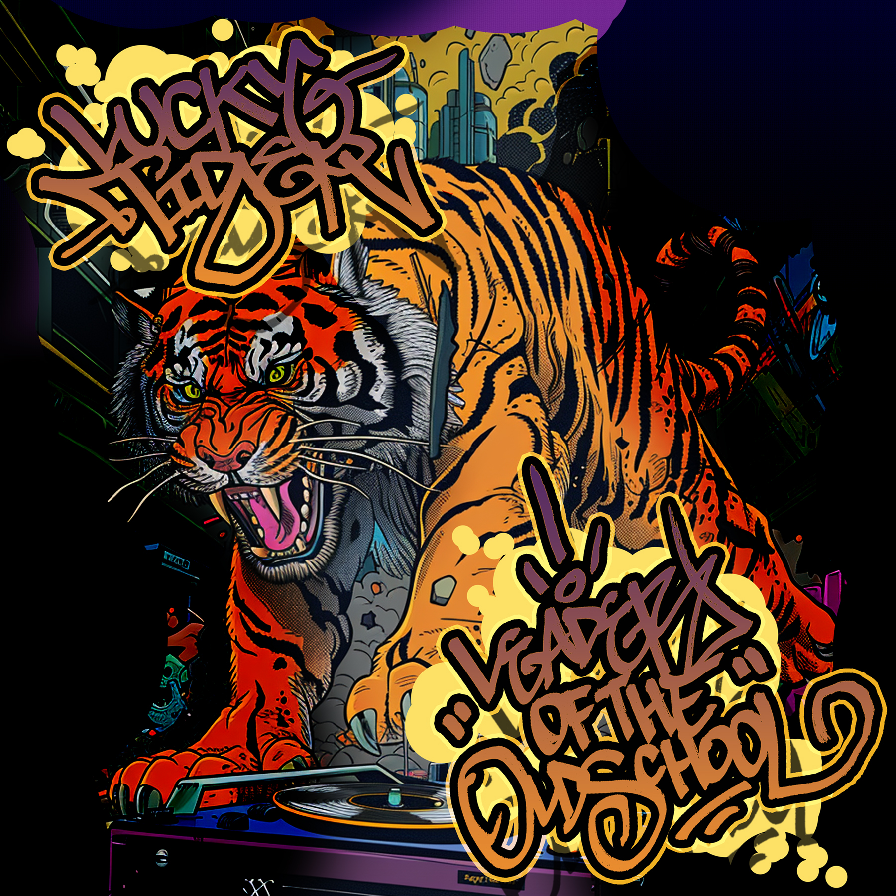 A tiger drawing in the style of a graphic novel with graffiti that says Lucky Tiger, Leader of the Old School. The tiger growls behind vinyl with the cityscape in the background.