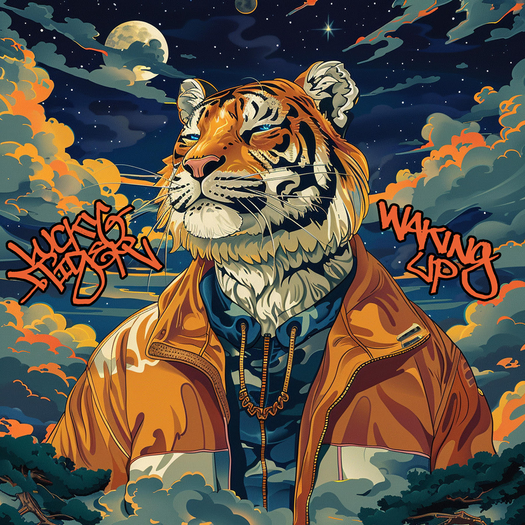 Lucky Tiger waking up album cover. A tiger wearing a windbreaker amongst the clouds.